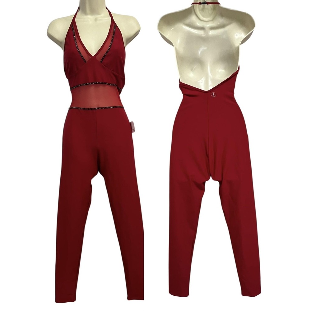 Blue Water Dancewear‎ Jumpsuit Womens Small Red Halter Mesh Rhinestone Dance